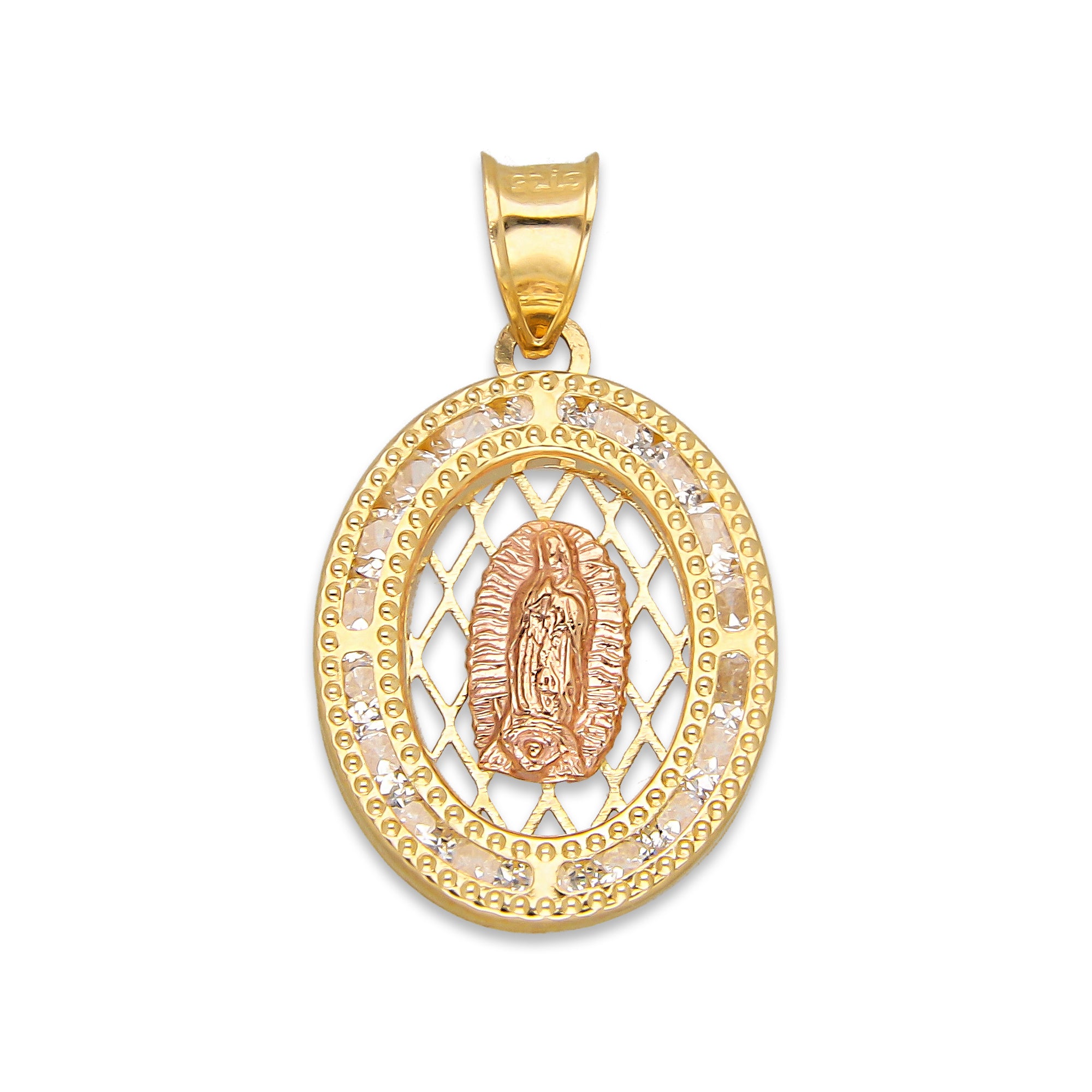 LPDJAU014 Dije Medalla Oro Sólido 10K Malla Virgen Rosa con Zirconias 1.4 cm x 2.5 cm 5277273986
