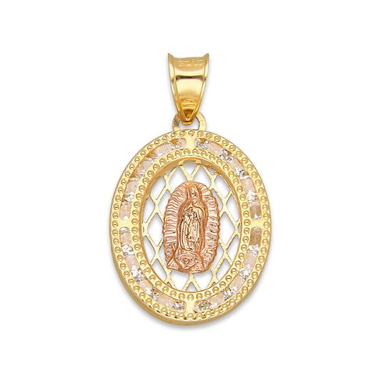 LPDJAU014 Dije Medalla Oro Sólido 10K Malla Virgen Rosa con Zirconias 1.4 cm x 2.5 cm 5277273986