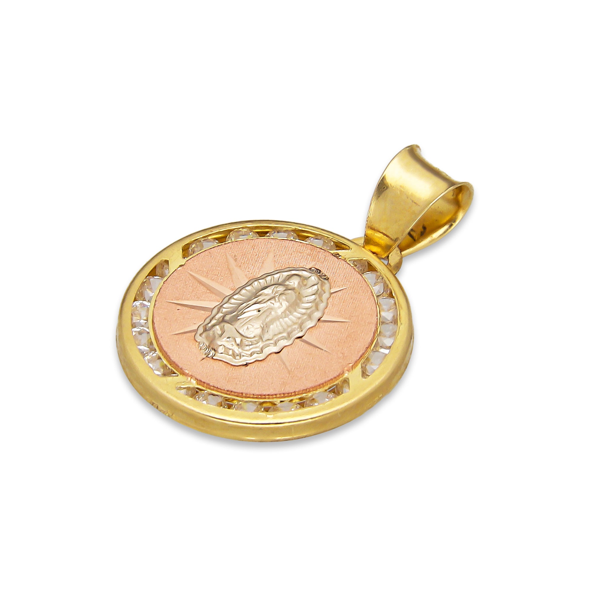 LPDJAU016 Dije Medalla Oro Sólido 10K Virgen Fondo Rosa con Zirconias 1.6 cm x 2.3 cm 5277311948