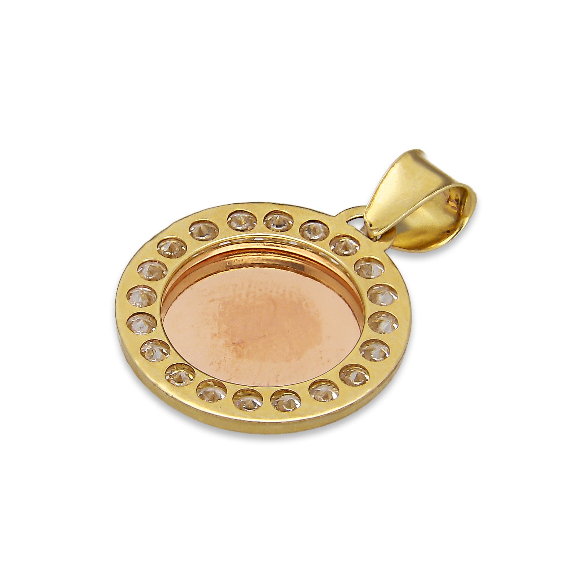 LPDJAU016 Dije Medalla Oro Sólido 10K Virgen Fondo Rosa con Zirconias 1.6 cm x 2.3 cm 5277311948