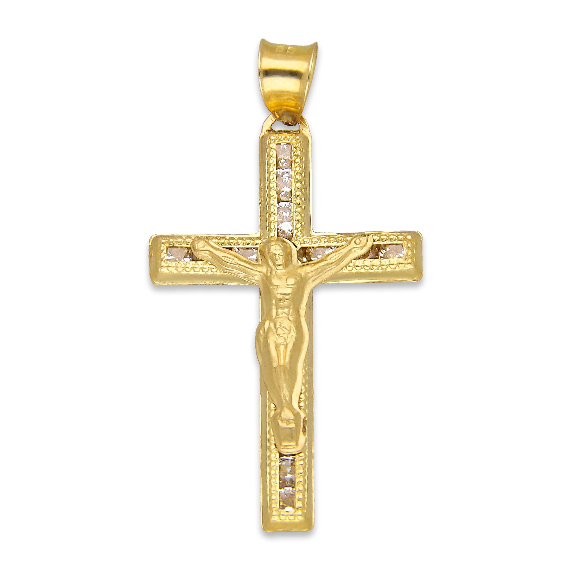 LPDJAU017 Dije Crucifijo Oro Sólido 10K Cruz Recta con Cristo con Zirconias 1.9 cm x 3.6 cm 5277235452