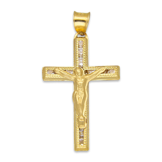 LPDJAU017 Dije Crucifijo Oro Sólido 10K Cruz Recta con Cristo con Zirconias 1.9 cm x 3.6 cm 5277235452