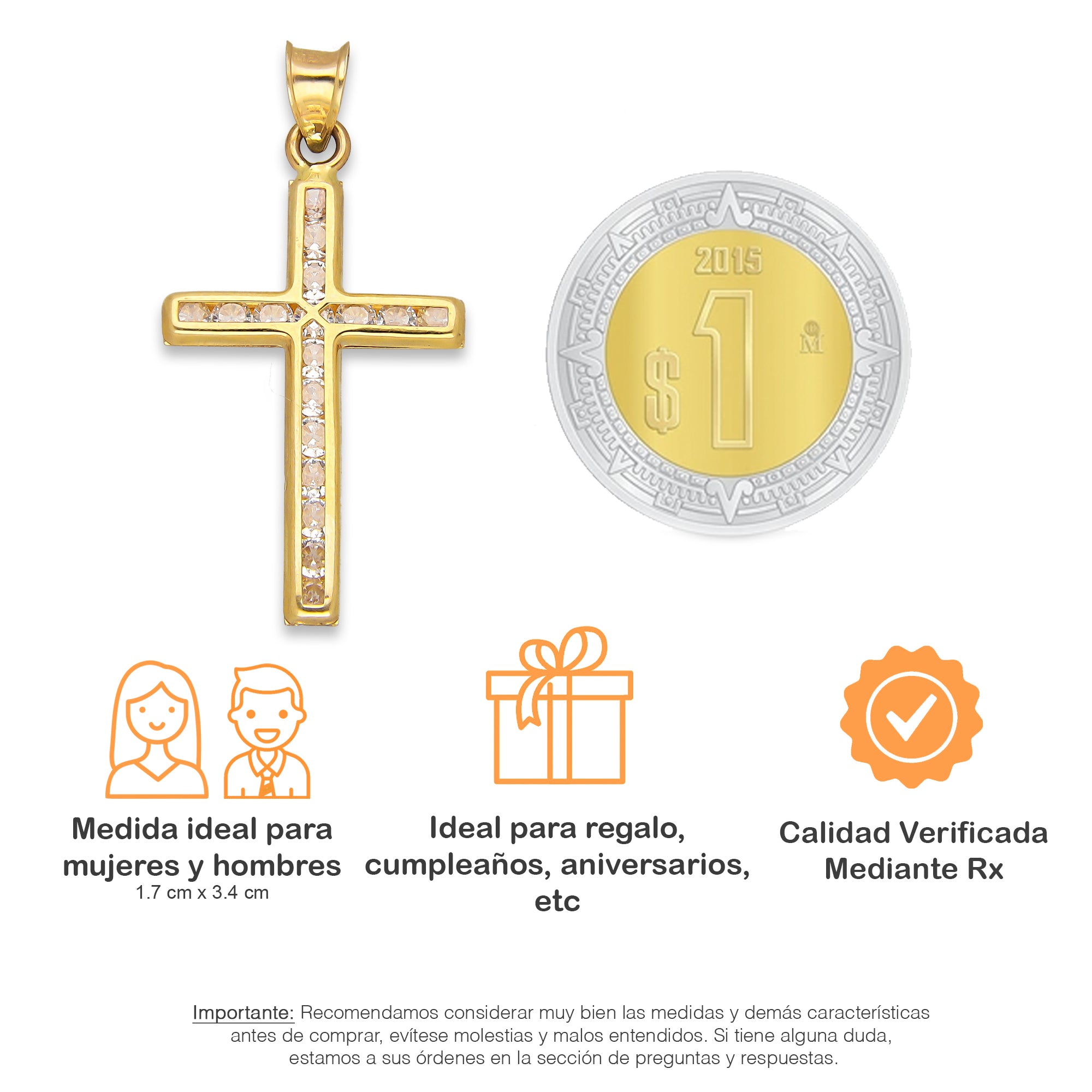LPDJAU019 Dije Crucifijo Oro Sólido 10K Cruz Recta sin Cristo con Zirconia 1.7 cm x 3.4 cm 5277311966