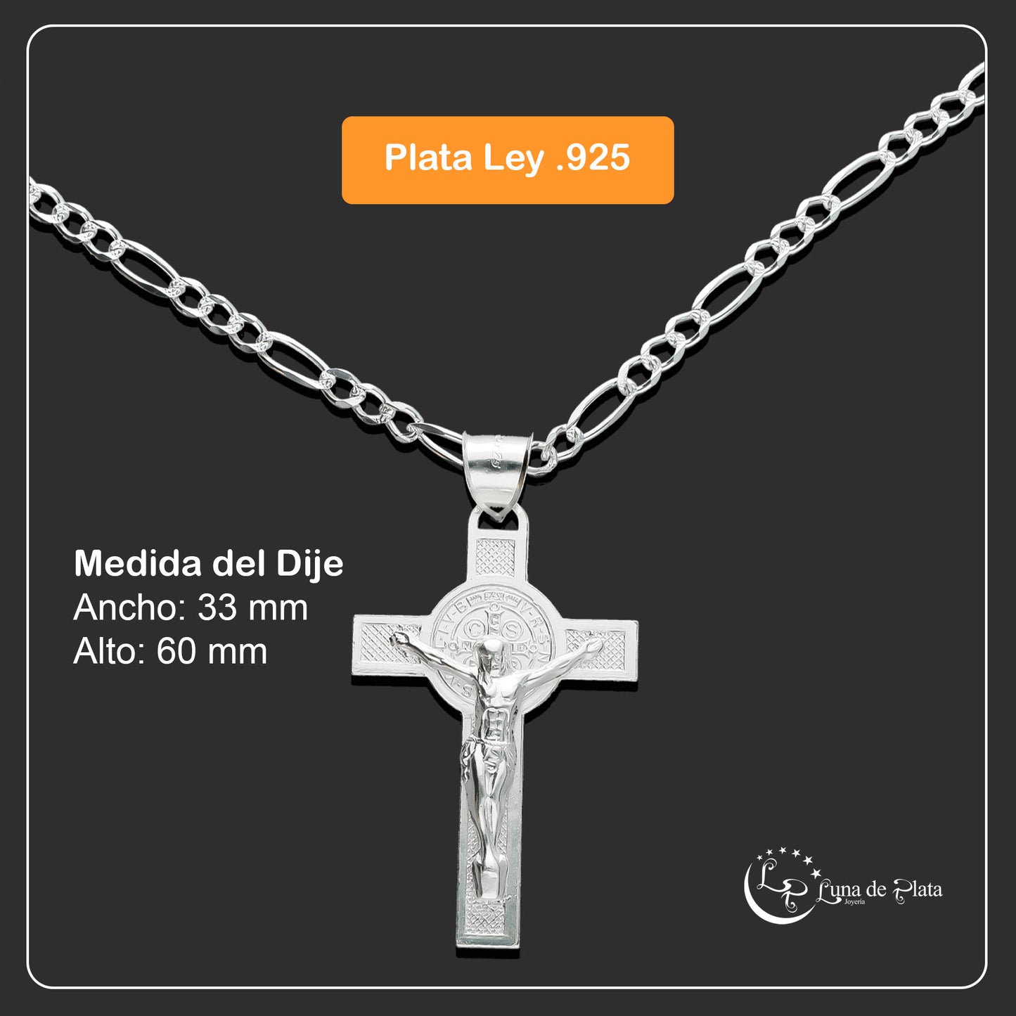 LPDP099 Dije Maxi Crucifijo Sn Benito + Cadena 70 cm en Plata .925 1755842052