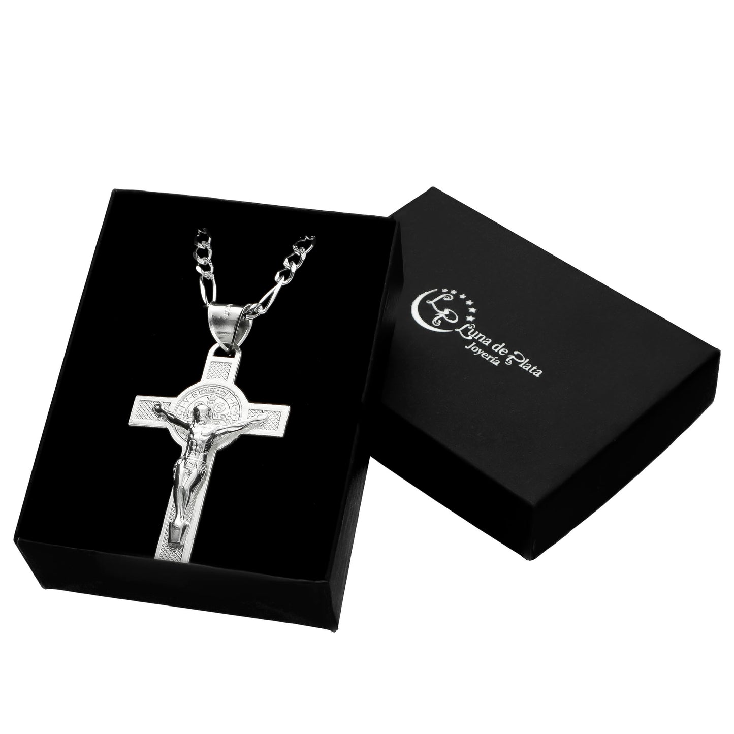 LPDP099 Dije Maxi Crucifijo Sn Benito + Cadena 70 cm en Plata .925 1755842052