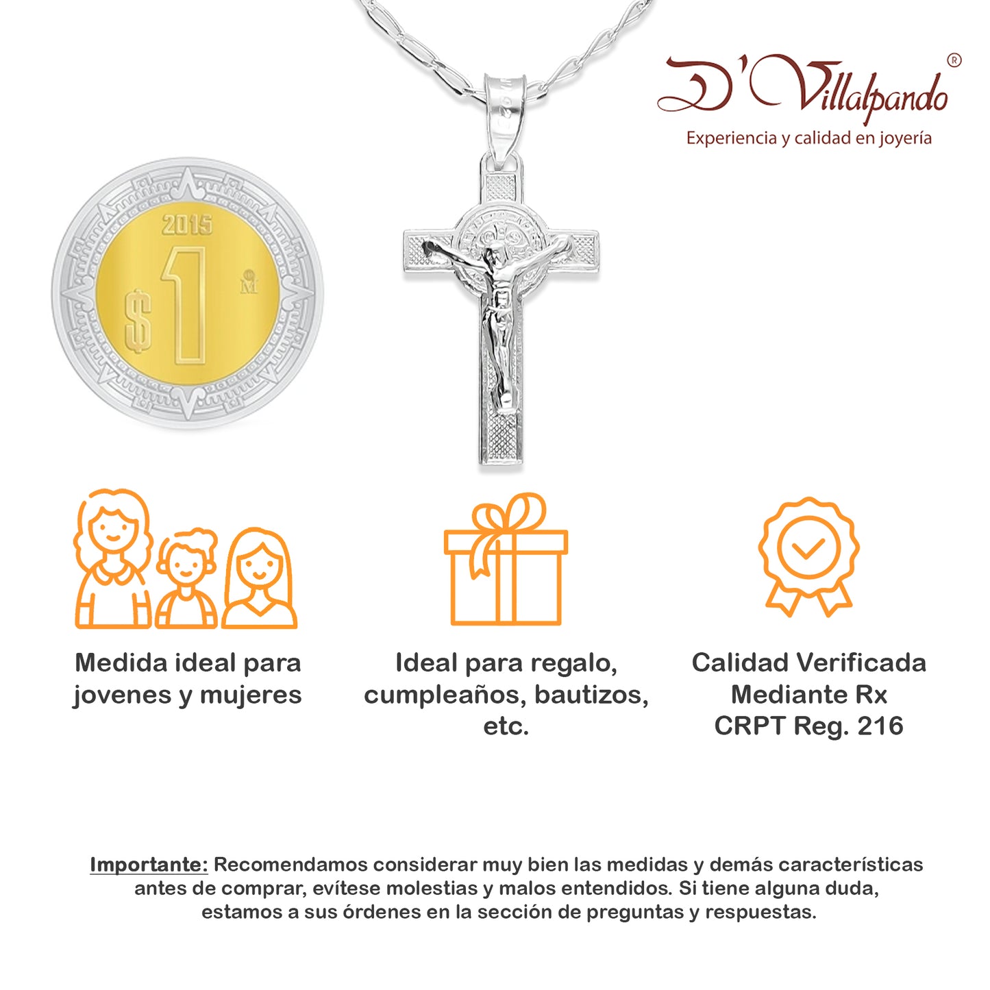 LPDP103 Dije Cruz Sn Benito 2 Vistas Mini + Cadena 45 cm Plata .925 Taxco 2031379545