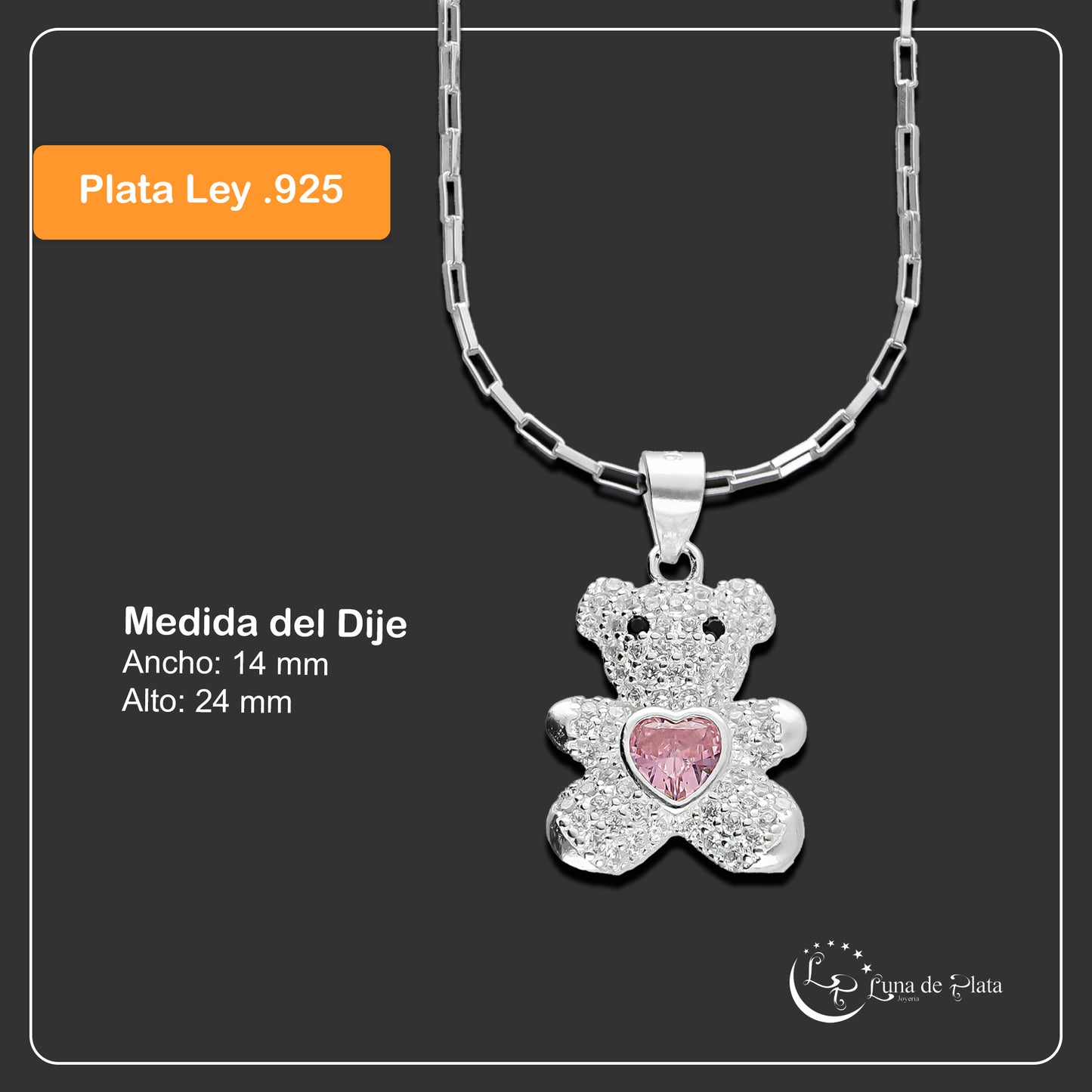 LPDP114 Dije Oso Pavé Corazón Rosa Zirc + Cad 45 cm Plata .925 3533058542