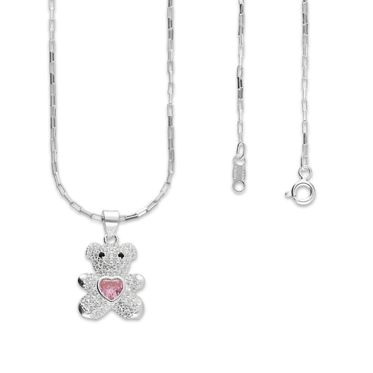 LPDP114 Dije Oso Pavé Corazón Rosa Zirc + Cad 45 cm Plata .925 3533058542