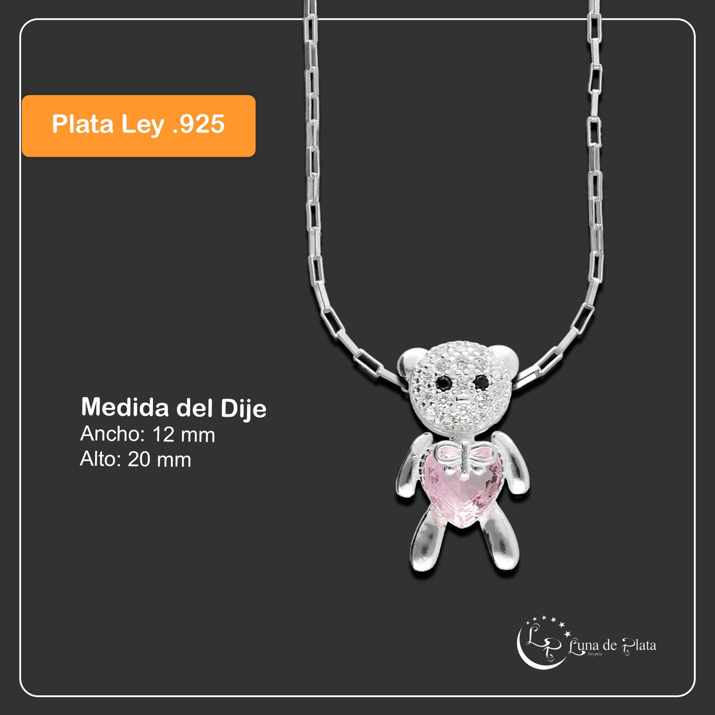 LPDP115 Dije Oso Corazón Rosa con Zirc + Cad 45 cm Plata .925 3533097788