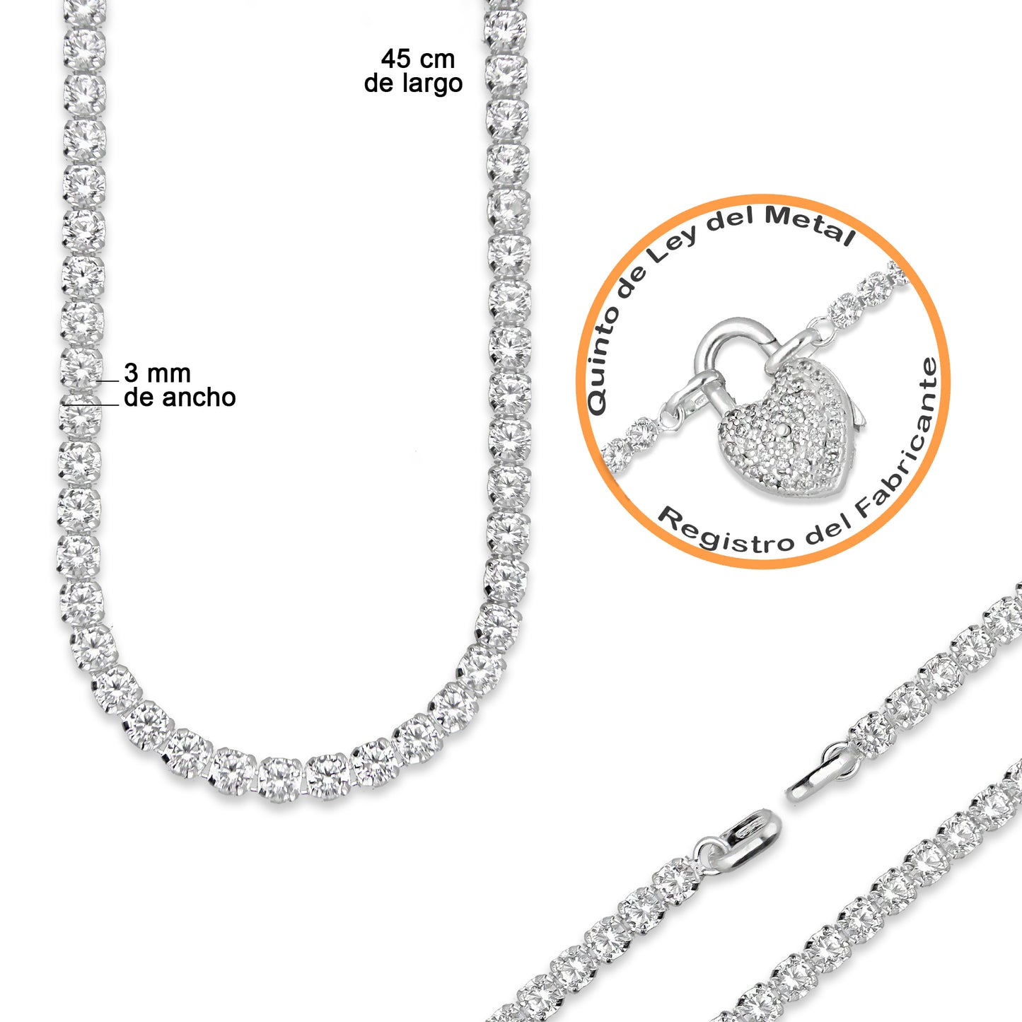 LPDP116 Cadena Gargantilla Eslabones con Zirconia 3 mm x 45 cm + Dije Corazon Candado Plata .925 3581900652