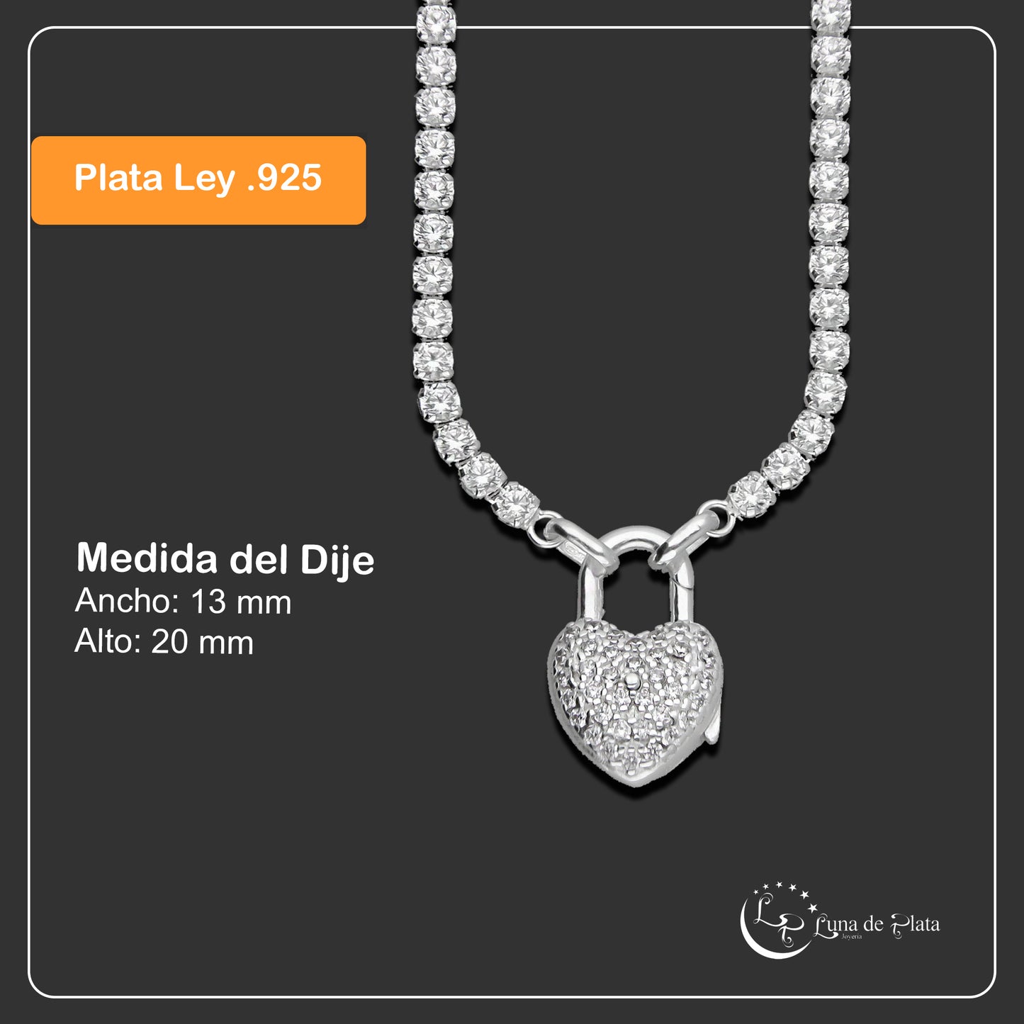 LPDP116 Cadena Gargantilla Eslabones con Zirconia 3 mm x 45 cm + Dije Corazon Candado Plata .925 3581900652