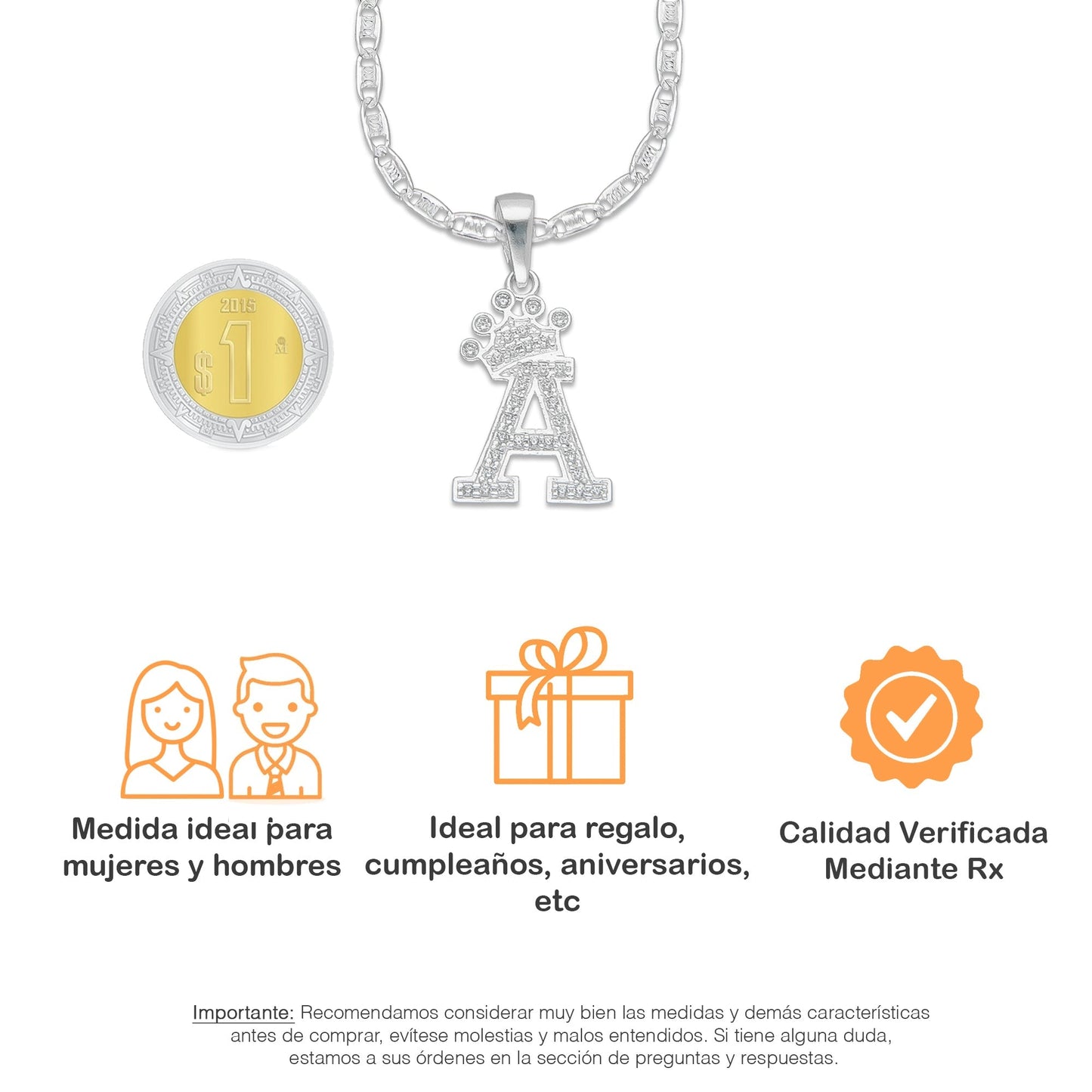 LPDP118 Cadena + Dije Letra Con Corona Abecedario con Zirconia en Plata .925 Taxco Gro