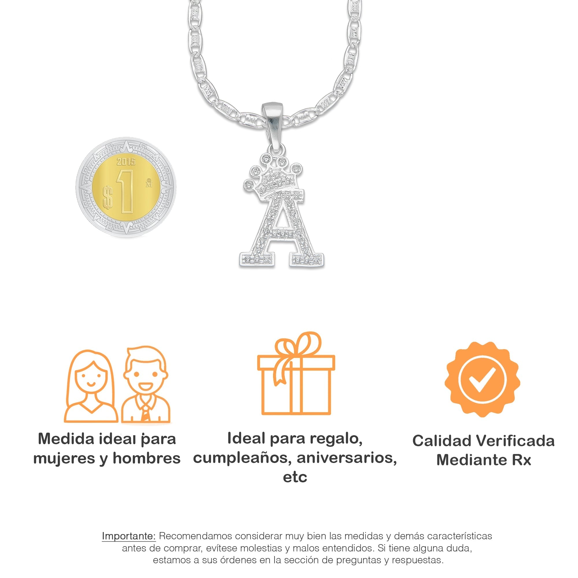 LPDP118 Cadena + Dije Letra Con Corona Abecedario con Zirconia en Plata .925 Taxco Gro