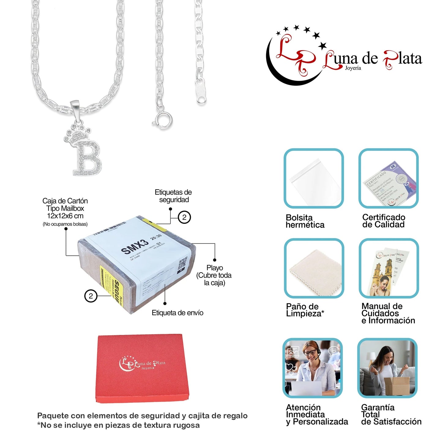 LPDP118 Cadena + Dije Letra Con Corona Abecedario con Zirconia en Plata .925 Taxco Gro