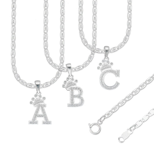 LPDP118 Cadena + Dije Letra Con Corona Abecedario con Zirconia en Plata .925 Taxco Gro