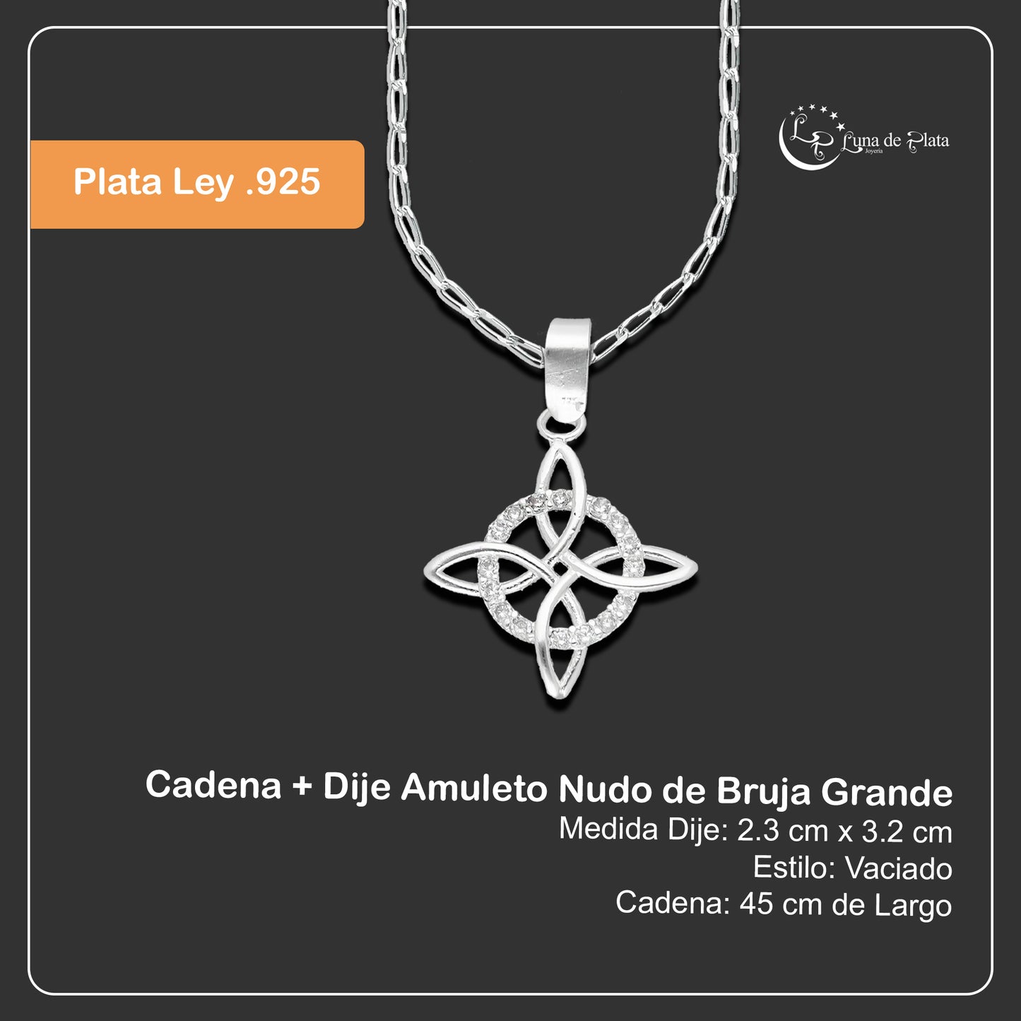 LPDP121 Cadena + Dije Amuleto Nudo de Bruja Grande en Plata .925 Taxco Gro