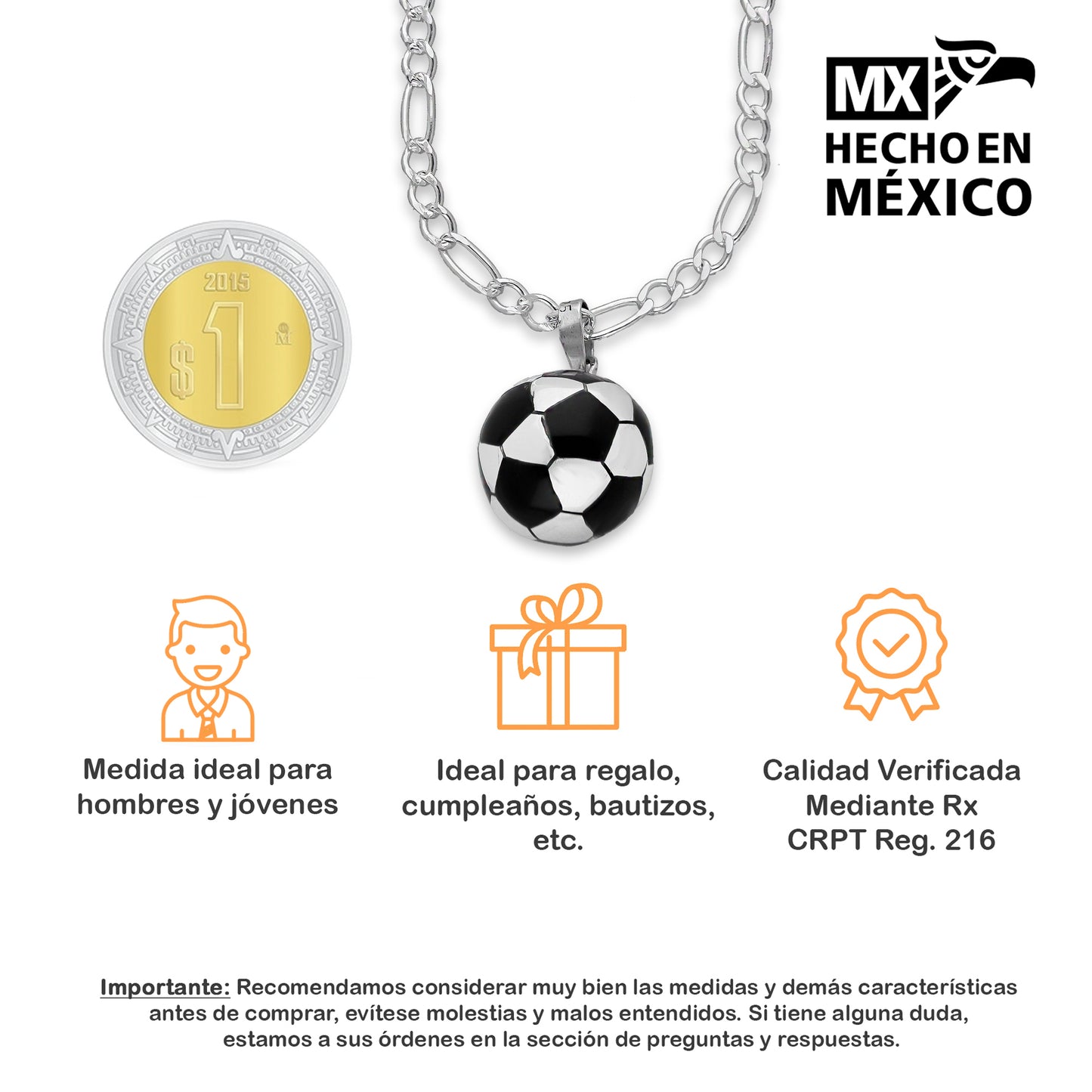 LPDP124 Dije Balon Futbol Grande + Cadena 45 en Plata .925 Taxco Gro 4432615914