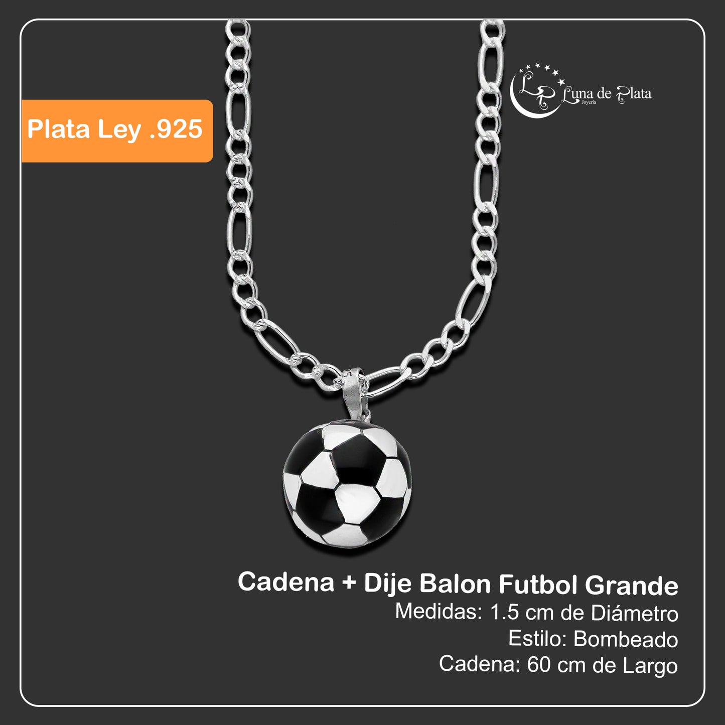 LPDP125 Dije Balon Futbol Grande + Cadena 60 en Plata .925 Taxco Gro 2591127815
