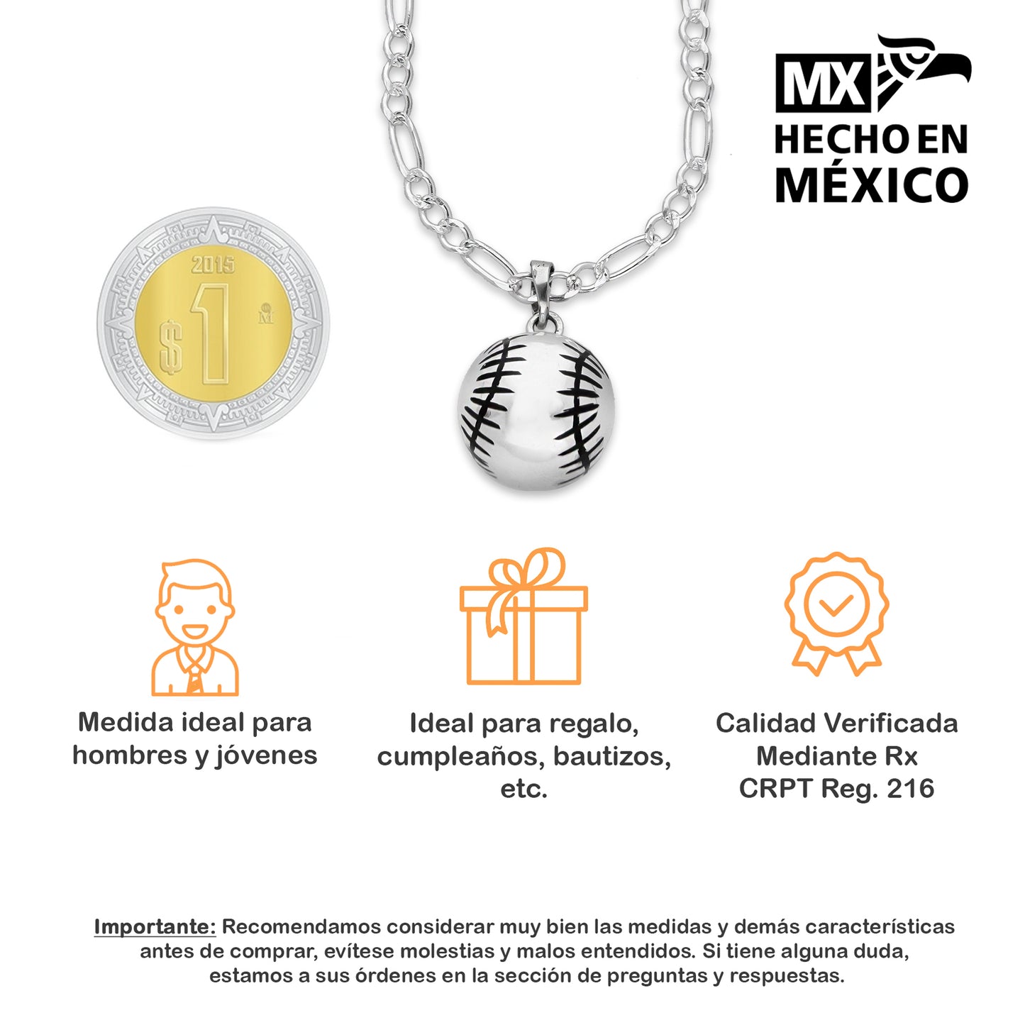 LPDP127 Dije Pelota Beisbol + Cadena 60 en Plata .925 Taxco Gro 2591105095