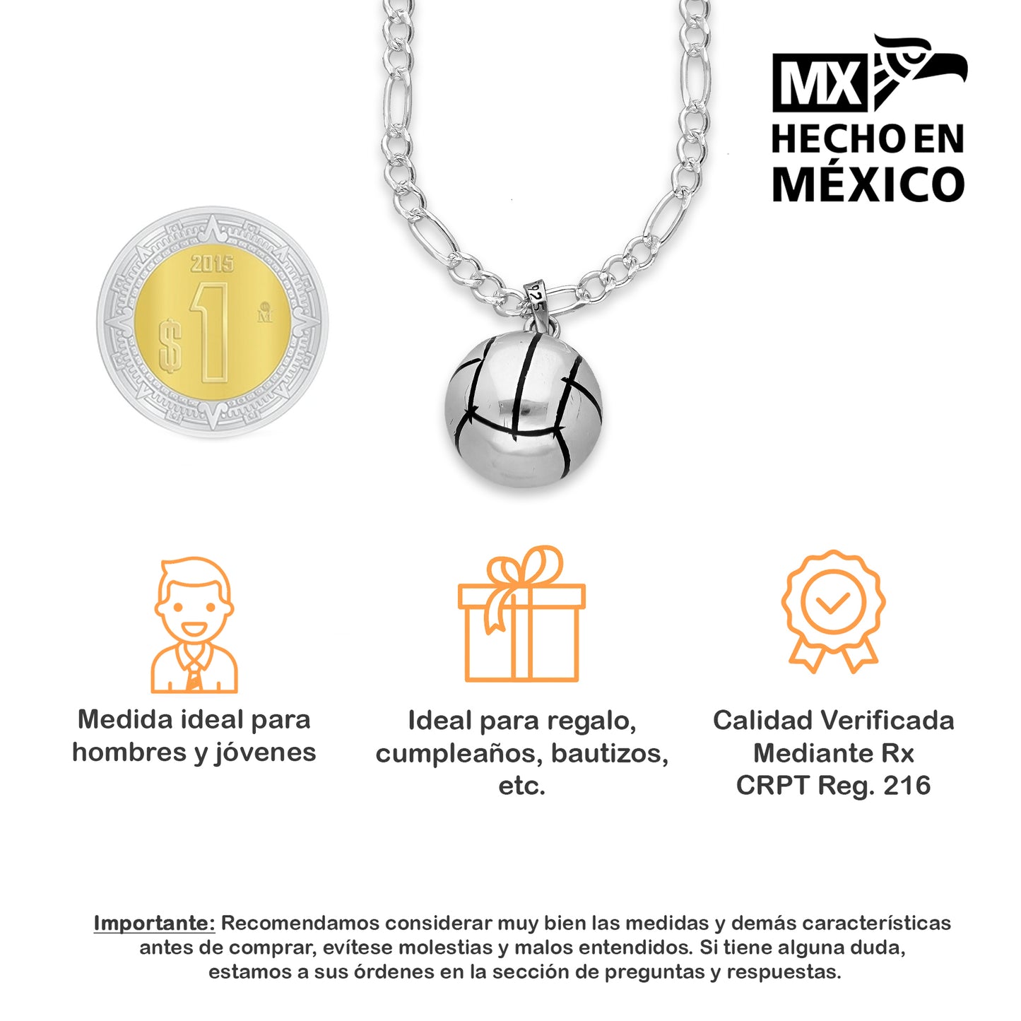 LPDP129 Dije Balon Voleibol + Cadena 60 en Plata .925 Taxco Gro 4432350704