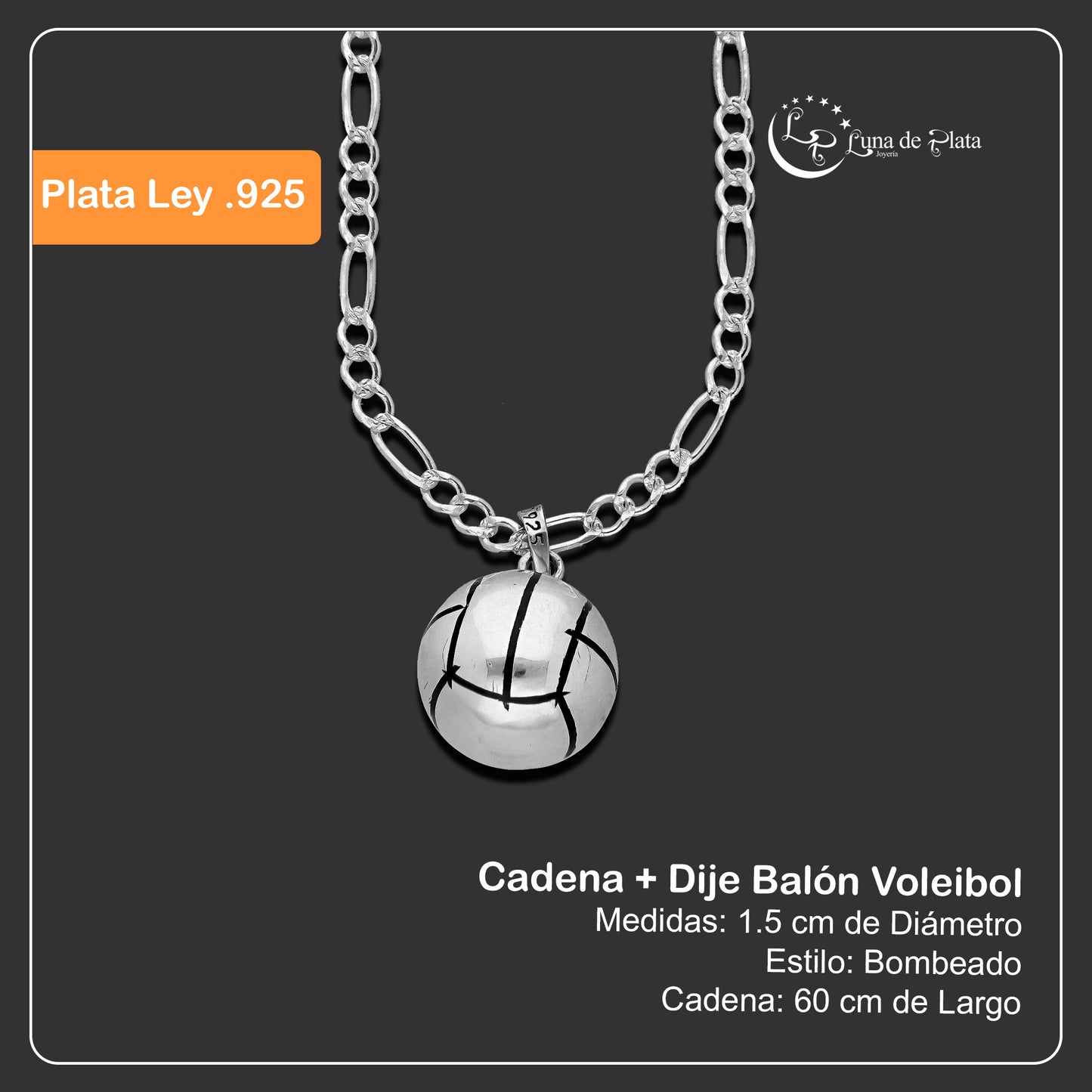 LPDP129 Dije Balon Voleibol + Cadena 60 en Plata .925 Taxco Gro 4432350704