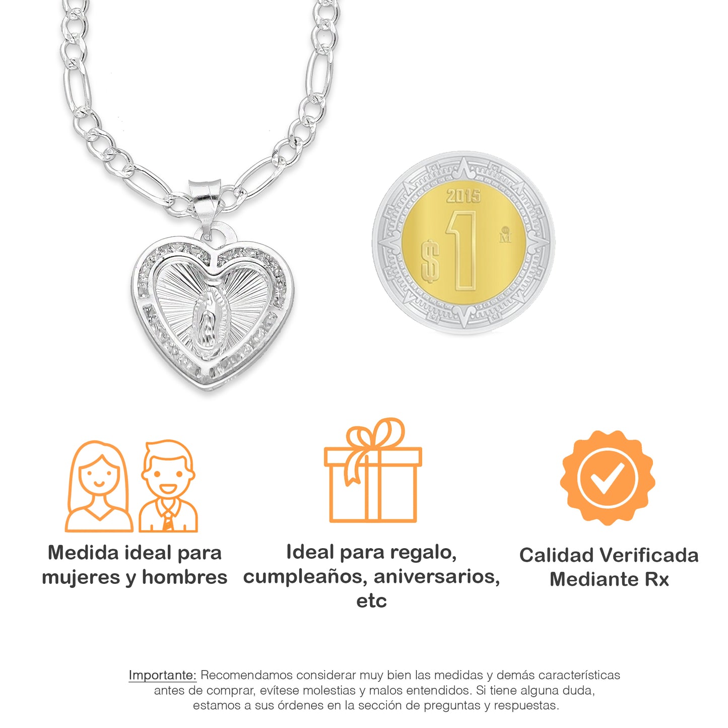 LPDP130 Cadena + Dije Medalla Corazón Virgen Quince años Grabado Lasser en Plata .925 4435339720