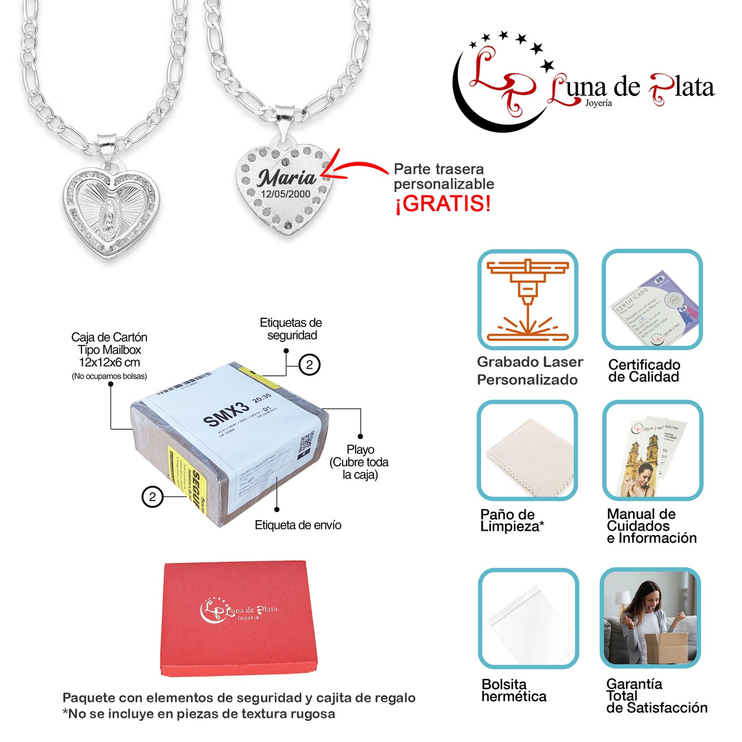 LPDP130 Cadena + Dije Medalla Corazón Virgen Quince años Grabado Lasser en Plata .925 4435339720