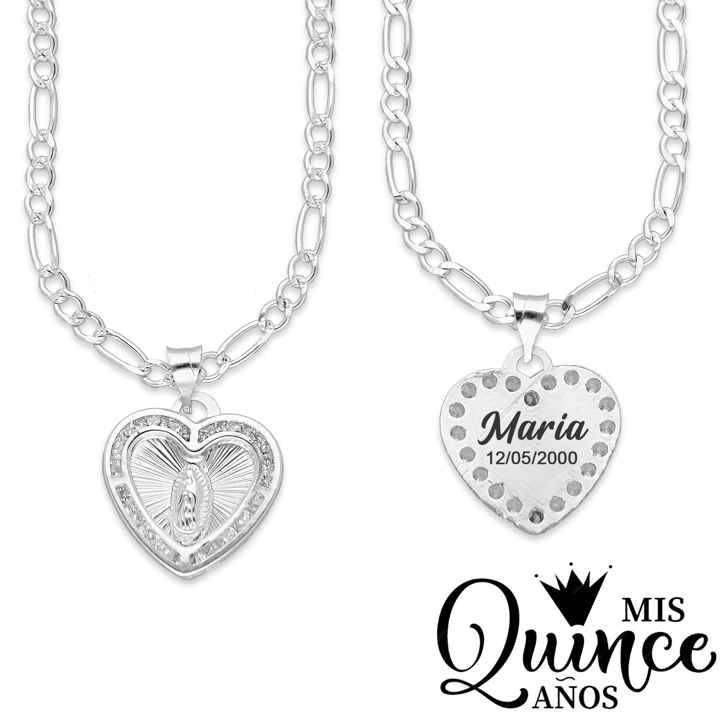 LPDP130 Cadena + Dije Medalla Corazón Virgen Quince años Grabado Lasser en Plata .925 4435339720