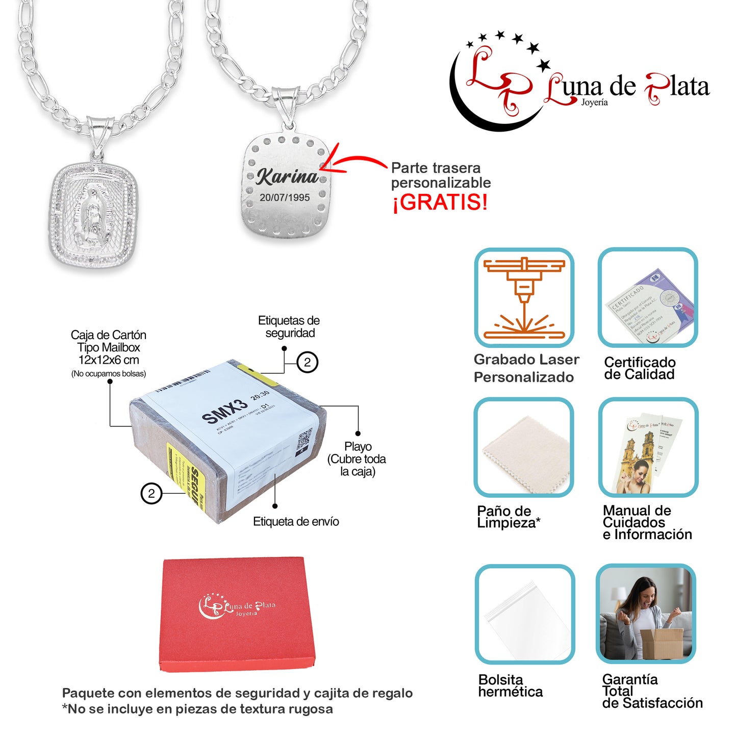 LPDP131 Cadena + Dije Medalla Virgen Rectangulo con Grabado Lasser Plata .925 2592716609