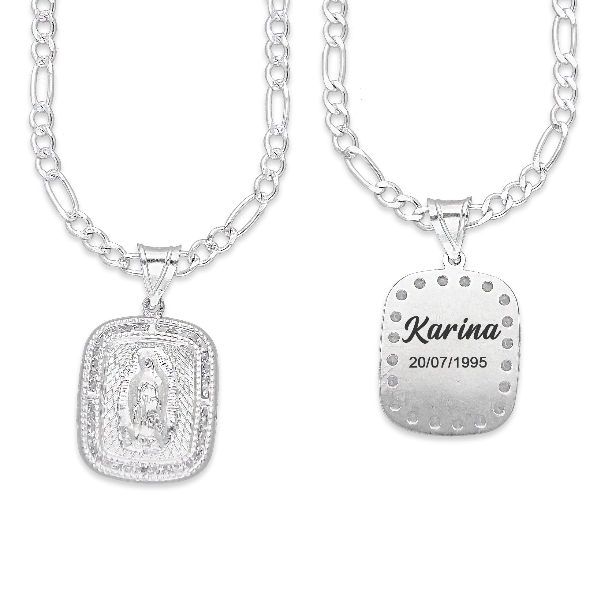 LPDP131 Cadena + Dije Medalla Virgen Rectangulo con Grabado Lasser Plata .925 2592716609