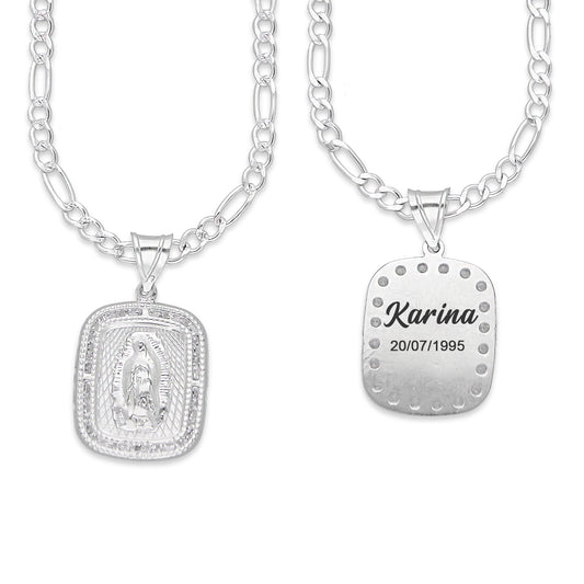 LPDP131 Cadena + Dije Medalla Virgen Rectangulo con Grabado Lasser Plata .925 2592716609