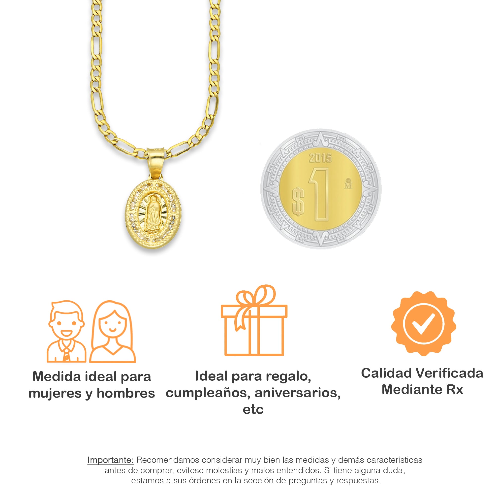 LPDPAU007 Cadena Oro Sólido 10K + Dije Medalla Oro Sólido 10K Virgen Oval Zirc Perl .9 cm x 1.7 cm