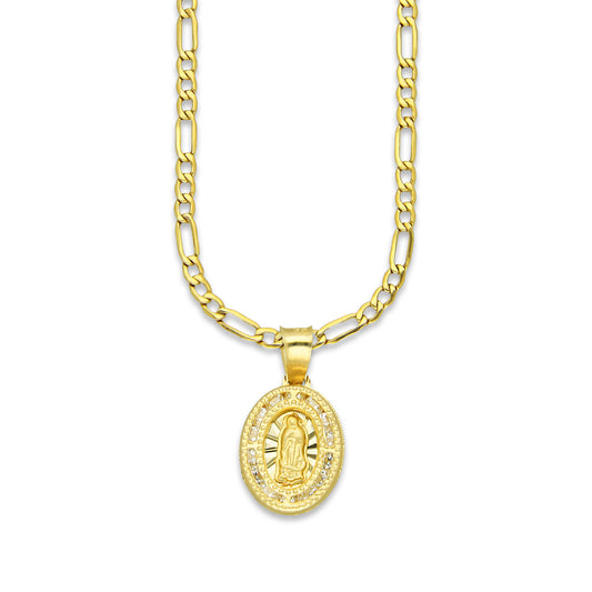 LPDPAU007 Cadena Oro Sólido 10K + Dije Medalla Oro Sólido 10K Virgen Oval Zirc Perl .9 cm x 1.7 cm