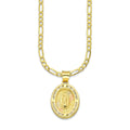 LPDPAU008 Cadena Oro Sólido 10K + Dije Medalla Oro Sólido 10K Virgen Oval con Zirconias Grecas Florentino 1.4 cm x 2.3 cm