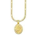 LPDPAU009 Cadena Oro Sólido 10K + Dije Medalla Oro Sólido 10K Virgen Oval con Zirconias Abultado Florentino 1.4 cm x 2.4 cm
