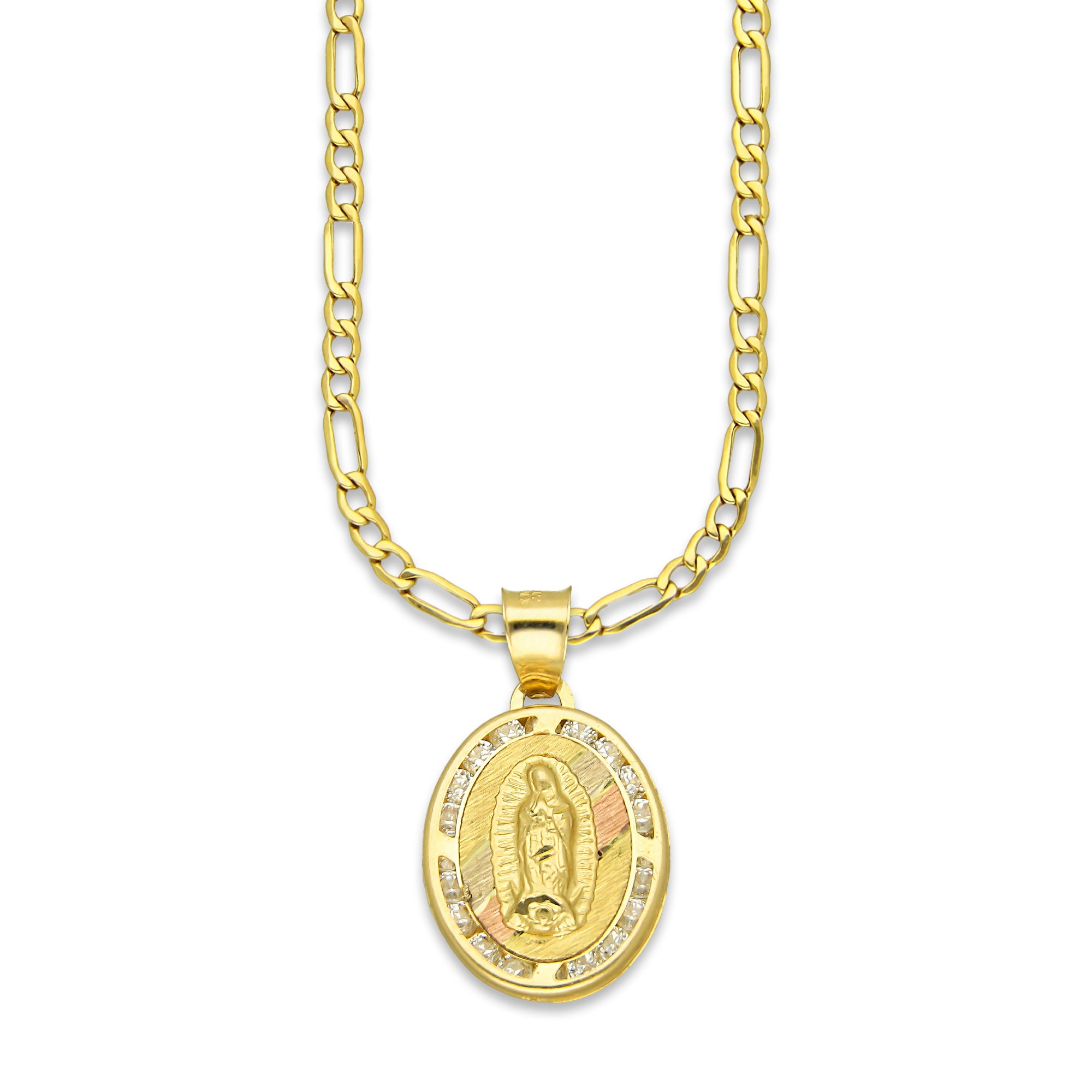 LPDPAU009 Cadena Oro Sólido 10K + Dije Medalla Oro Sólido 10K Virgen Oval con Zirconias Abultado Florentino 1.4 cm x 2.4 cm