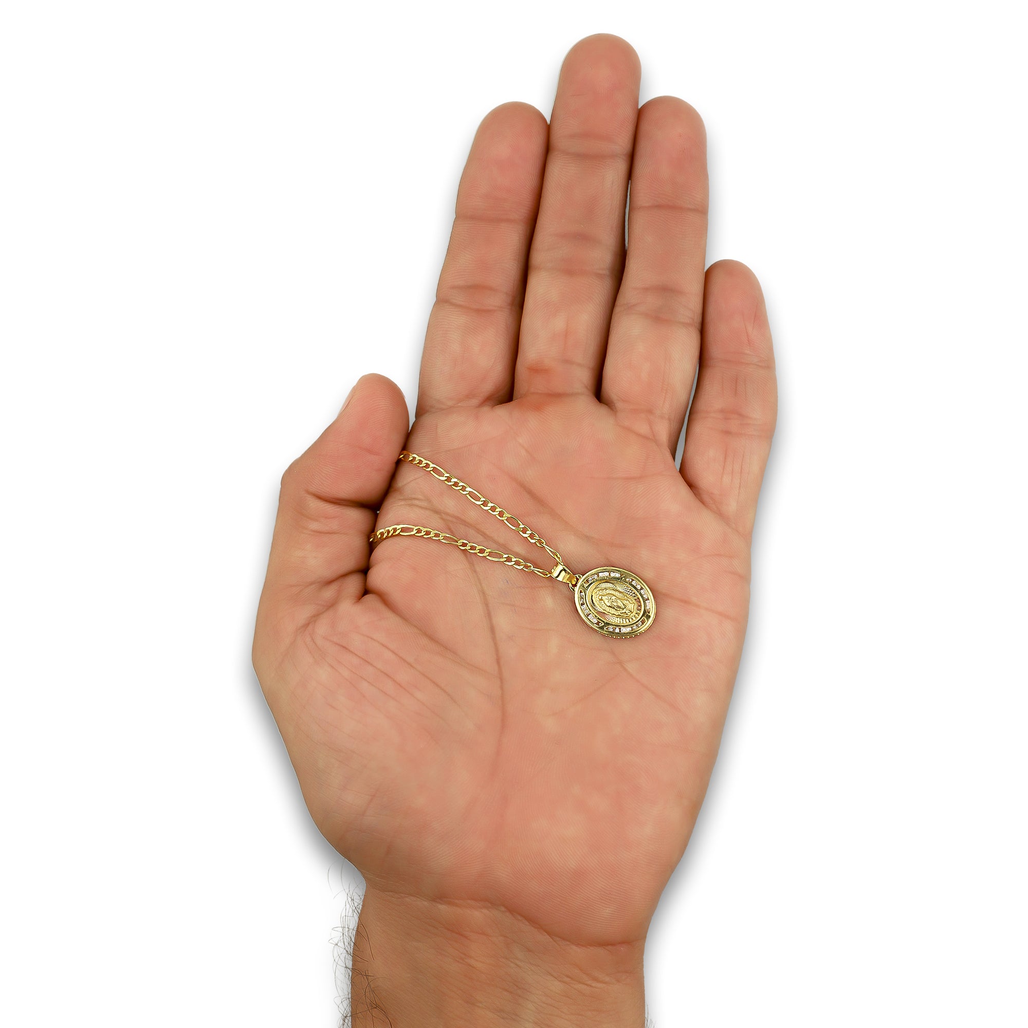 LPDPAU010 Cadena Oro Sólido 10K + Dije Medalla Oro Sólido 10K Virgen Oval con Zirconias Radial Florentino 1.2 cm x 2.1 cm