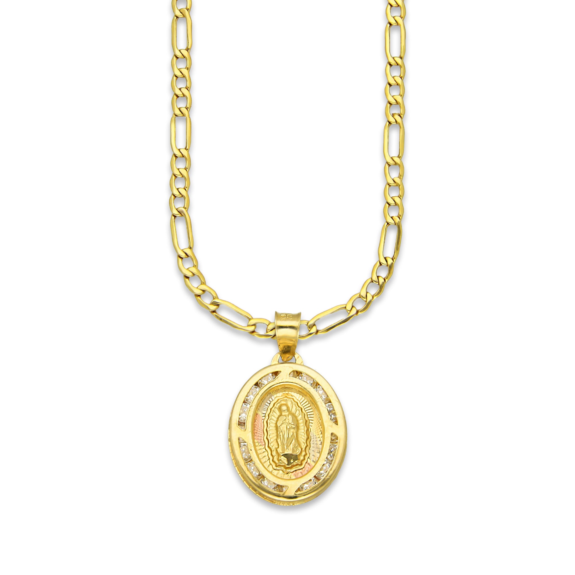 LPDPAU010 Cadena Oro Sólido 10K + Dije Medalla Oro Sólido 10K Virgen Oval con Zirconias Radial Florentino 1.2 cm x 2.1 cm