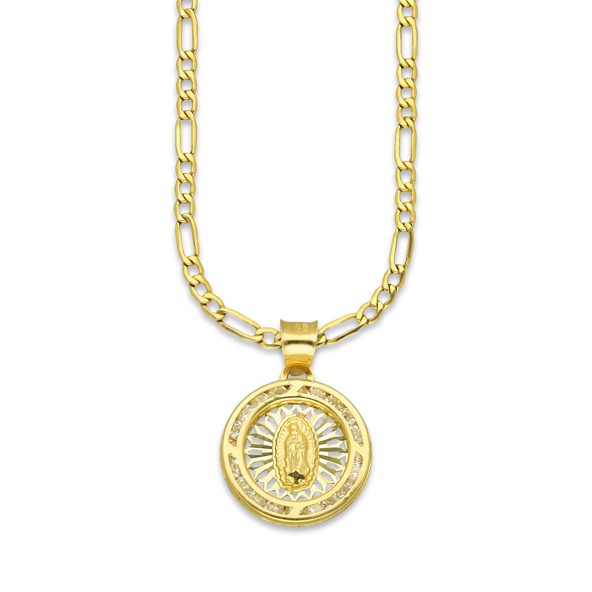 LPDPAU011 Cadena Oro Sólido 10K + Dije Medalla Oro Sólido 10K Virgen Redonda con Zirconias Radial Calado Amarillo 1.6 cm x 2.2 cm