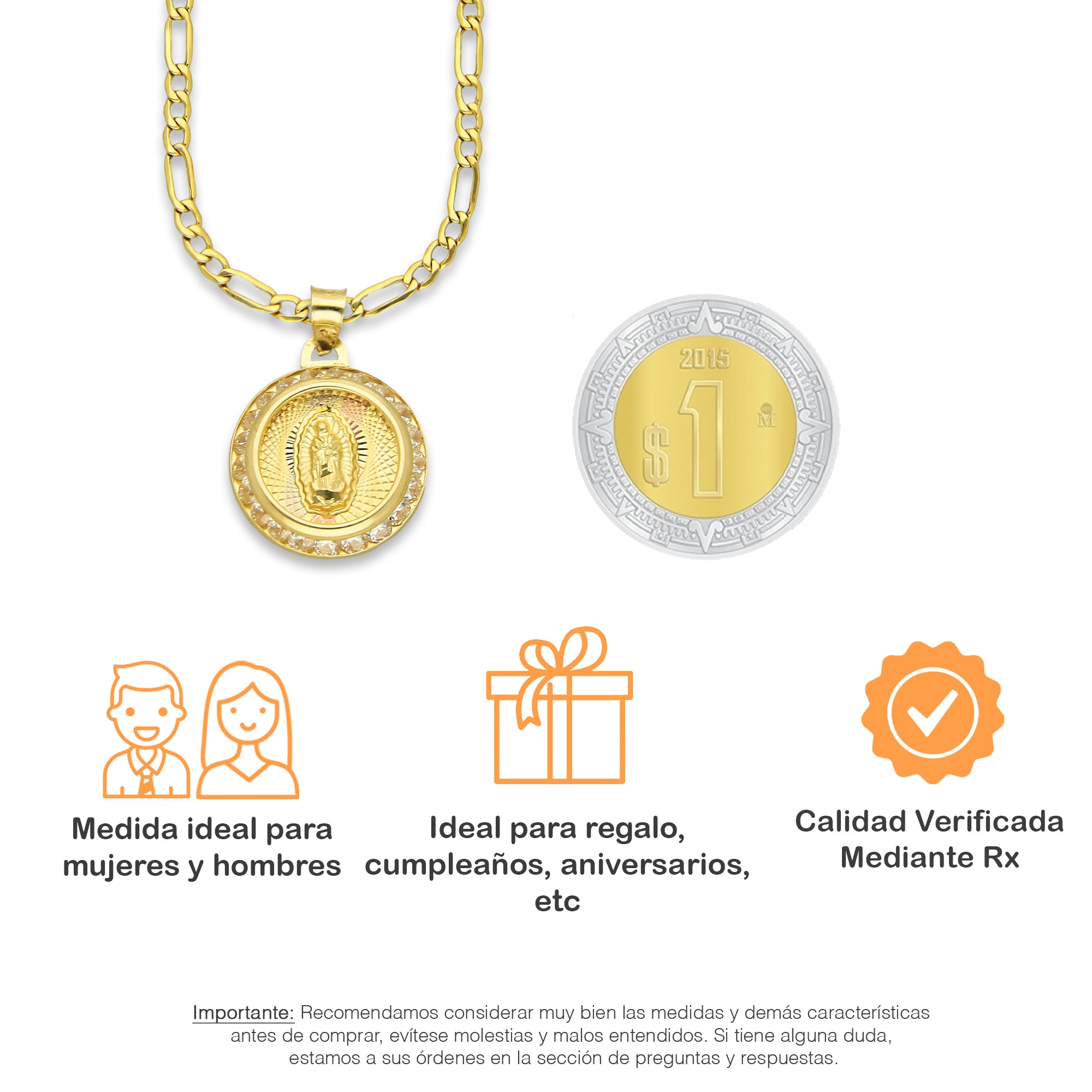 LPDPAU013 Cadena Oro Sólido 10K + Dije Medalla Oro Sólido 10K Virgen Redonda con Zirconias Radial Florentino 1.5 cm x 2.1 cm