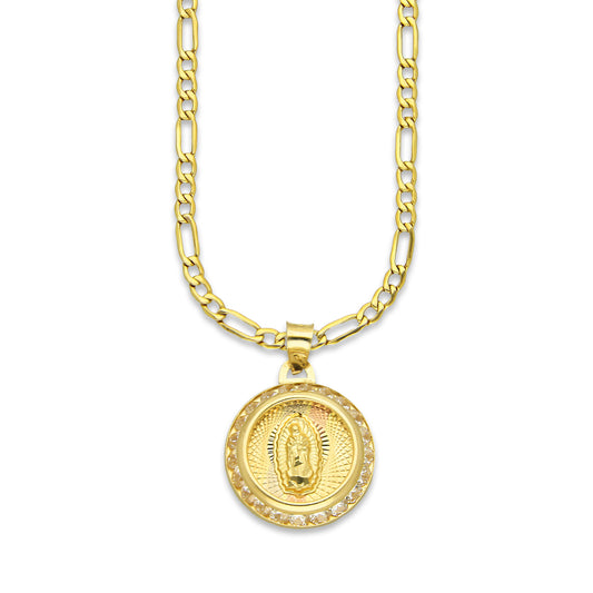 LPDPAU013 Cadena Oro Sólido 10K + Dije Medalla Oro Sólido 10K Virgen Redonda con Zirconias Radial Florentino 1.5 cm x 2.1 cm