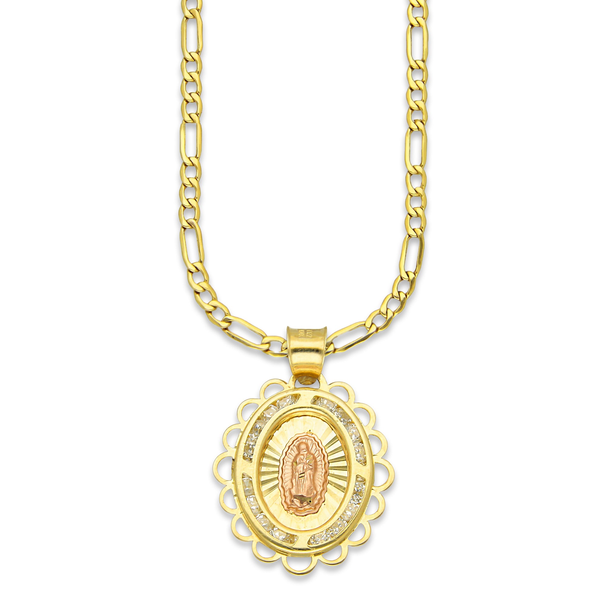 LPDPAU014 Cadena Oro Sólido 10K + Dije Medalla Oro Sólido 10K Virgen Oval con Zirconias Olan Cobriso 1.8 cm x 2.6 cm