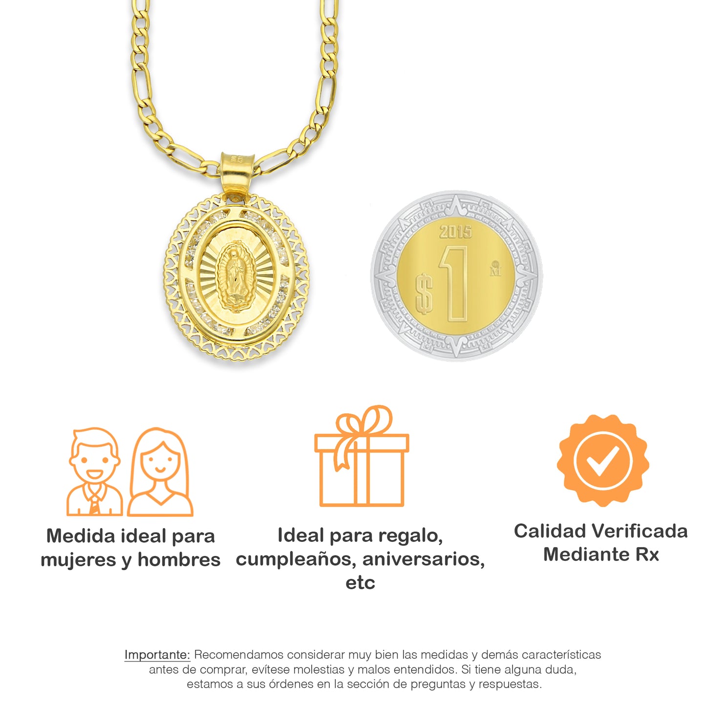 LPDPAU015 Cadena Oro Sólido 10K + Dije Medalla Oro Sólido 10K Virgen Oval Olan con Zirconias Orilla Corazones 1.7 cm x 2.6 cm