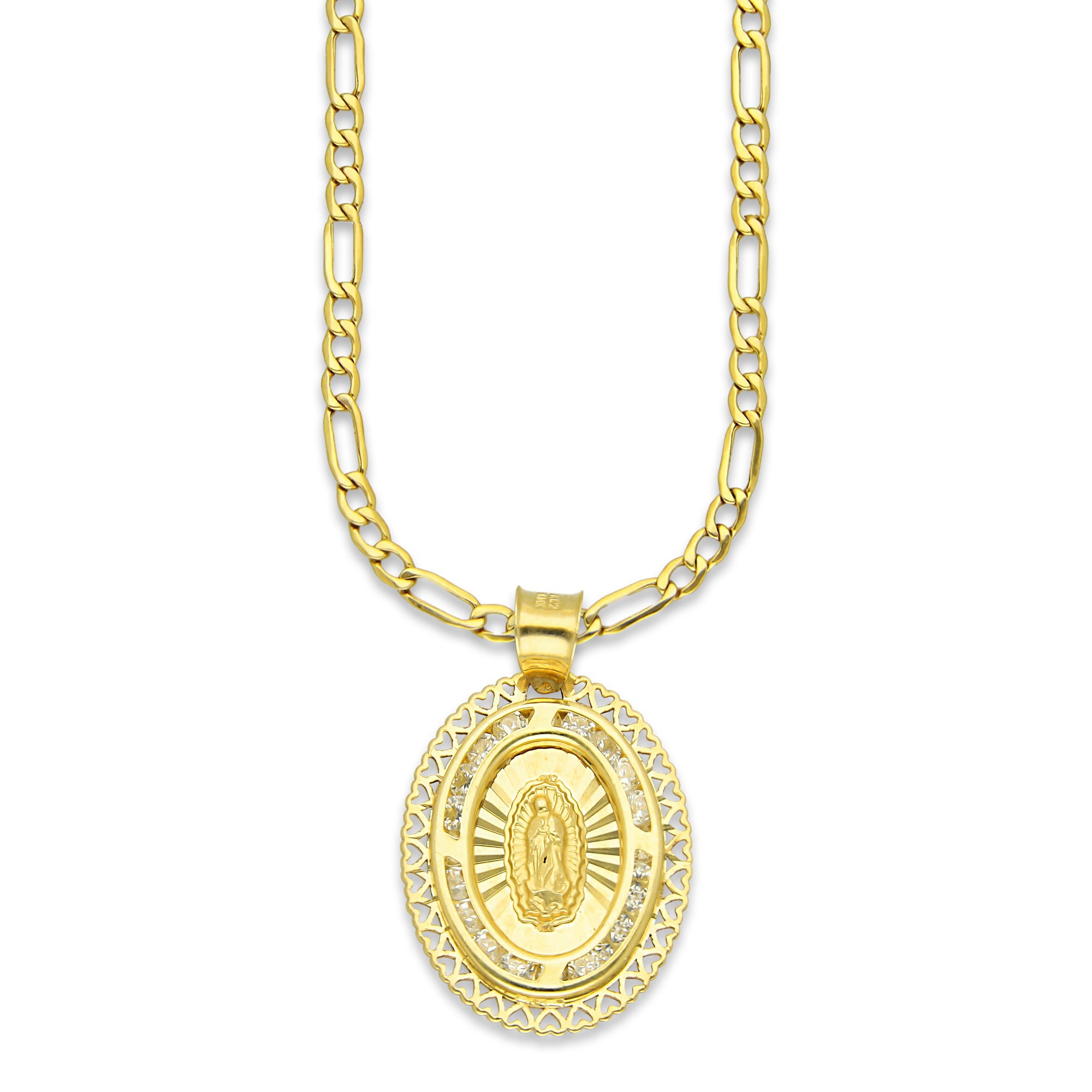 LPDPAU015 Cadena Oro Sólido 10K + Dije Medalla Oro Sólido 10K Virgen Oval Olan con Zirconias Orilla Corazones 1.7 cm x 2.6 cm