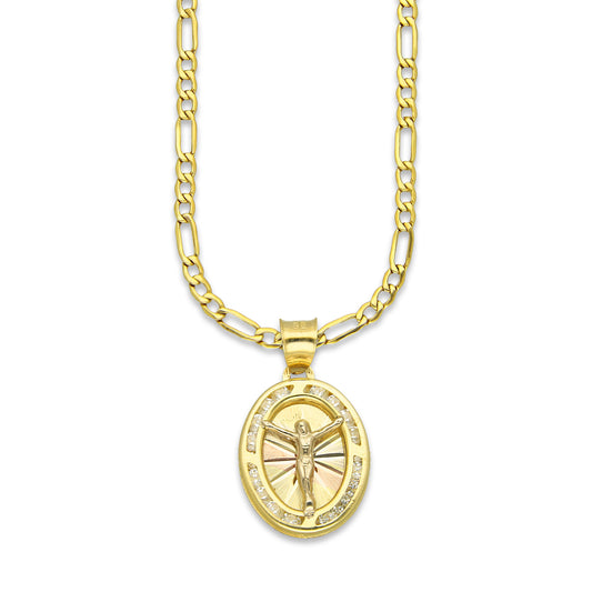 LPDPAU017 Cadena Oro Sólido 10K + Dije Medalla Oro Sólido 10K Cristo Oval Radial Florentino 1.4 cm x 2.4 cm