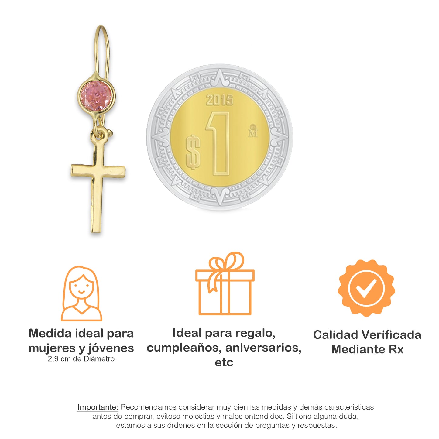 LPEAR002 Arete Arillo Oro Sólido 10K Modelo Cruz Colgante con Zirconia Rosa 2531023063