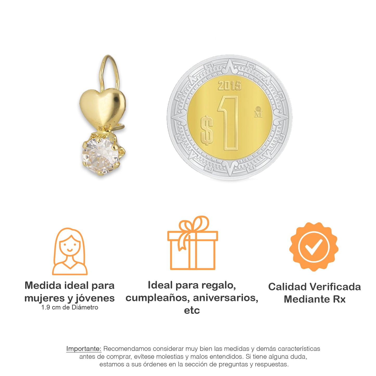 LPEAR003 Arete Arillo Oro Sólido 10K Modelo Corazón Bombeado Liso con Zirconia 2530996895