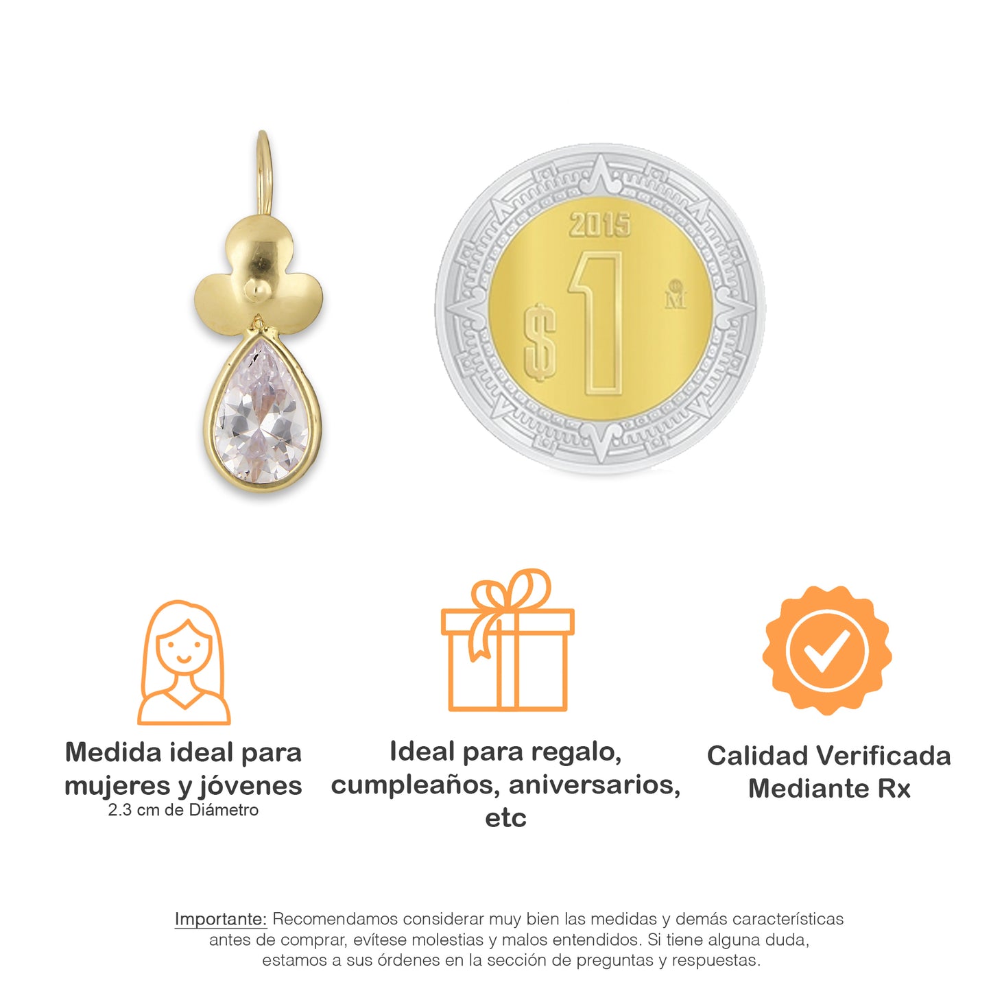 LPEAR007 Arete Arillo Oro Sólido 10K Modelo Trébol con Zirconia de Gota Blanca 2530984167