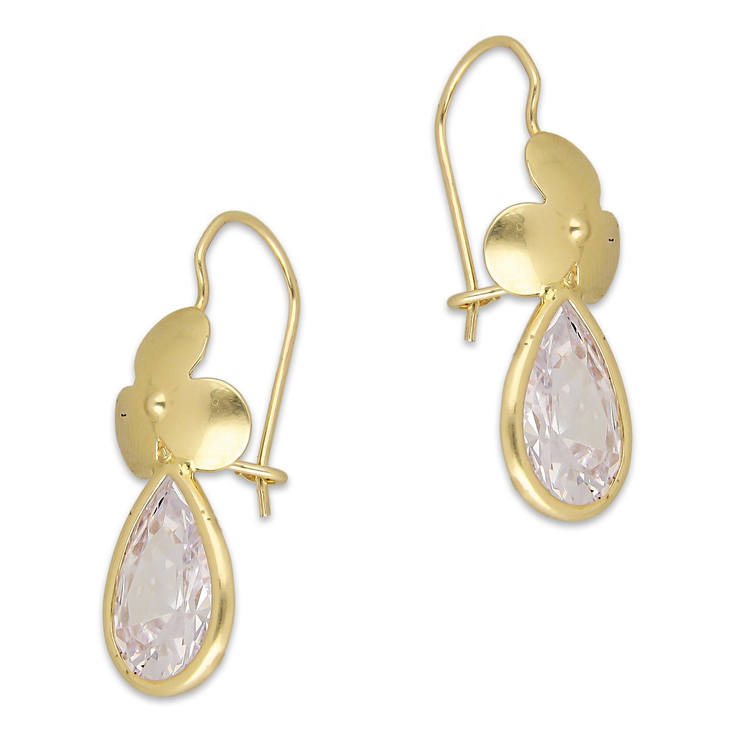 LPEAR007 Arete Arillo Oro Sólido 10K Modelo Trébol con Zirconia de Gota Blanca 2530984167