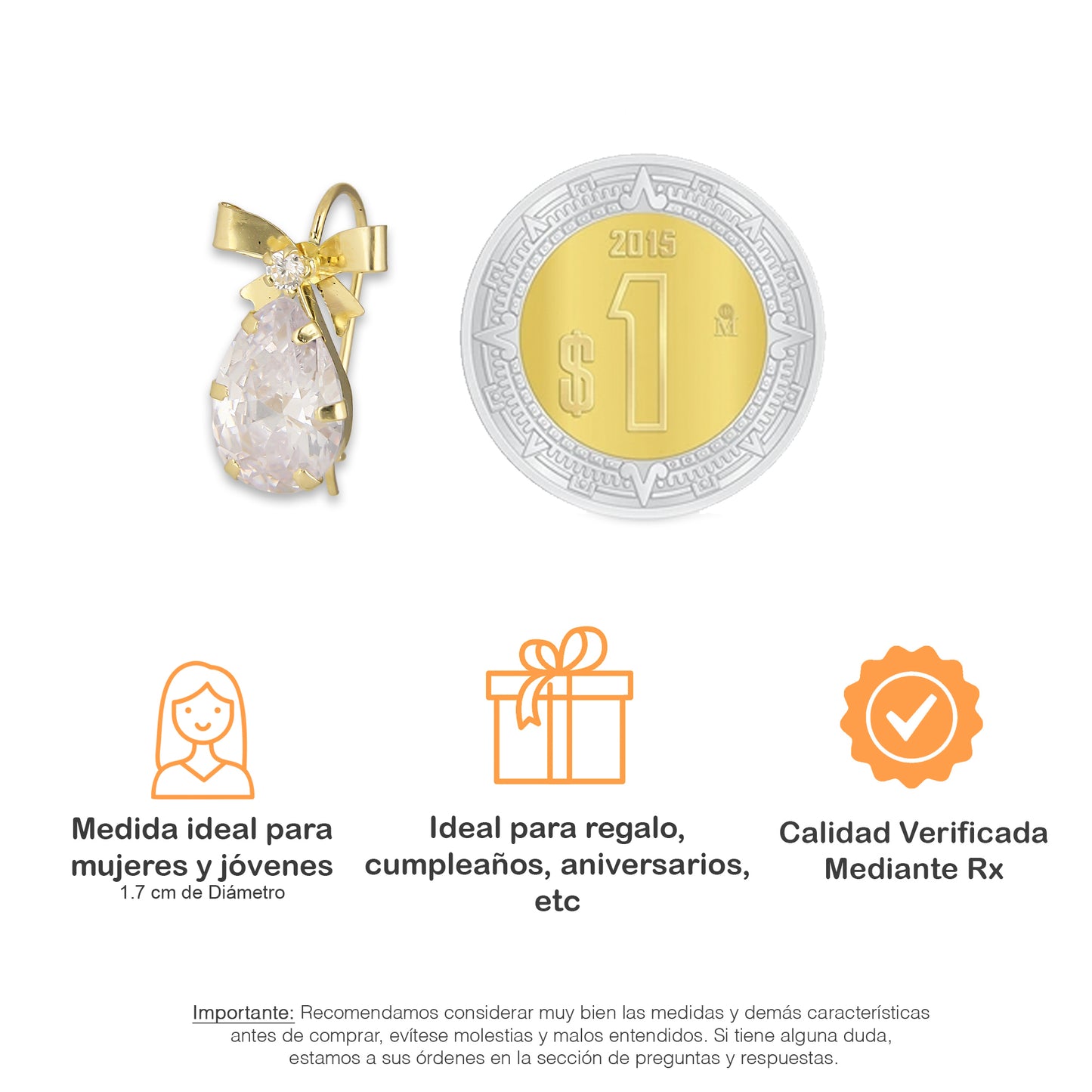 LPEAR008 Arete Arillo Oro Sólido 10K Modelo Moñito con Zirconia de Gota Blanca 2530996899